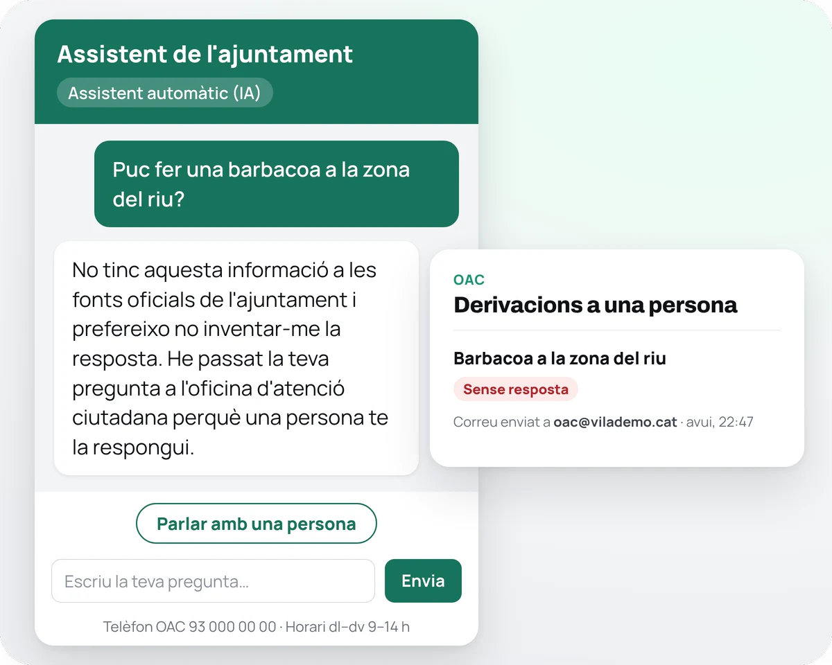 L'assistent respon que no té la informació a les fonts oficials i que ha passat la pregunta a l'OAC. Al costat, la pregunta apareix a «Derivacions a una persona» de la consola, marcada «Sense resposta».