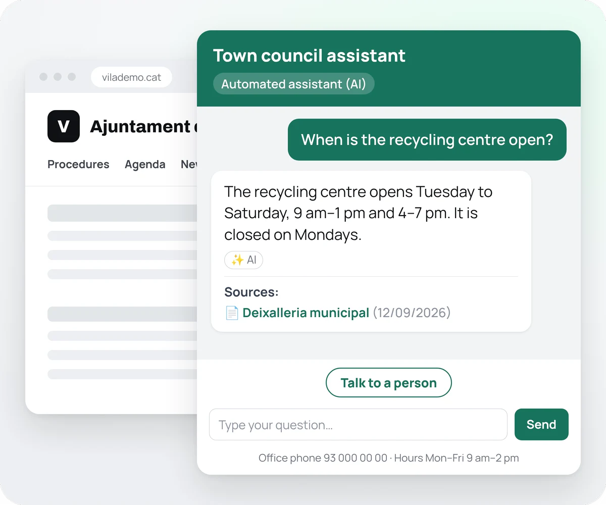 A town council website with the assistant open. Someone asks when the recycling centre is open, and the answer shows its source, «Deixalleria municipal», with a date.