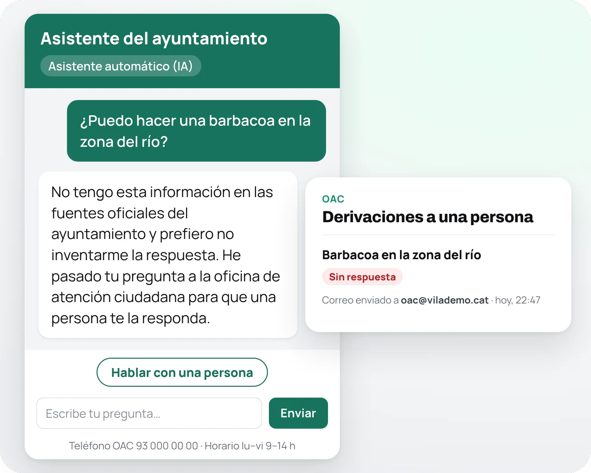 El asistente responde que no tiene la información en las fuentes oficiales y que ha pasado la pregunta a la OAC. Al lado, la pregunta aparece en «Derivaciones a una persona» de la consola, marcada «Sin respuesta».